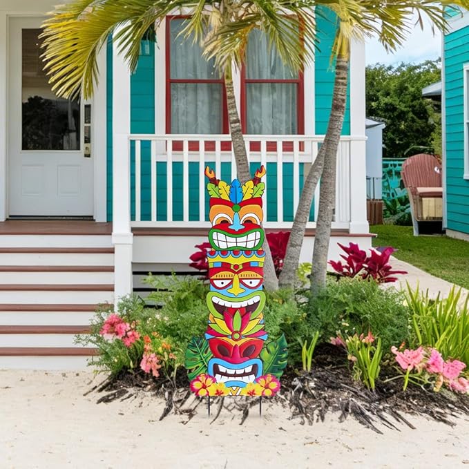 hogardeck Luau Party Decorations, Metal 3 Stacked Tiki Decorative Garden Stakes for Luau Outdoor, Hawaiian Party Decorations Tiki Yard Signs for Tropical Outdoor Garden Lawn