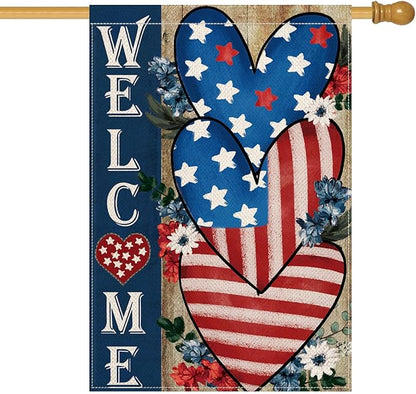 AVOIN colorlife Patriotic 4th of July Welcome House Flag 28x40 Inch Double Sided, Memorial Day American Stars and Stripes Love Heart Yard Outdoor Decoration