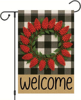 Welcome Spring Summer Garden Flags for Outside 12x18 Double Sided Buffalo Plaid Wreath Red Pinecone Flower Seasonal Sign Small Yard Flag Farmhouse Holiday Outdoor Decor
