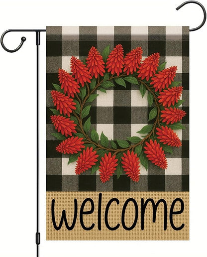 Welcome Spring Summer Garden Flags for Outside 12x18 Double Sided Buffalo Plaid Wreath Red Pinecone Flower Seasonal Sign Small Yard Flag Farmhouse Holiday Outdoor Decor