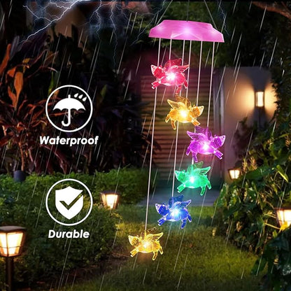 Solar Wind Chimes for Outside- Pig Wind Chimes Pink,7 Colors Changing Outdoor Waterproof Flying Pig LED Wind Bell, Patio Garden Yard Decor (Mom, Women, Gardening Gifts)