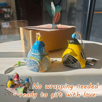 Handmade Ceramic Bird Wind Chime with 3D Pop Up Card | Spring Easter, Soothing Melody for Outdoor Patio & Indoor Hanging Decor (Blue+Yellow)