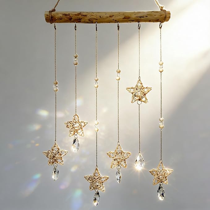 Sun Catcher Indoor Window Rattan Stars and Crystal Suncatcher for Windows Hanging Boho Home Wall Whimsical Decor