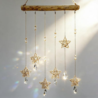 Sun Catcher Indoor Window Rattan Stars and Crystal Suncatcher for Windows Hanging Boho Home Wall Whimsical Decor