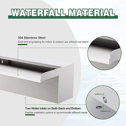 Waterfall Pool Fountain LONGRUNNEW 304 Stainless Steel 11.8" Rectangular Waterfall Spillway, Water Fall Fountain with Pipe Connector for Garden Outdoor, Swimming Pools, Fountains, Pond and Spa