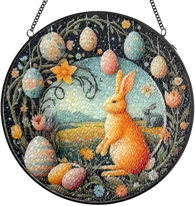 Easter Bunny Stained Glass Window Hanging Suncatcher, Colorful Rabbit with Egg Spring Decor for Home Garden, Animal Glass Art Ornament, Birthday Gift for Women Mom Nana, 7.8 Inch Sun Catcher