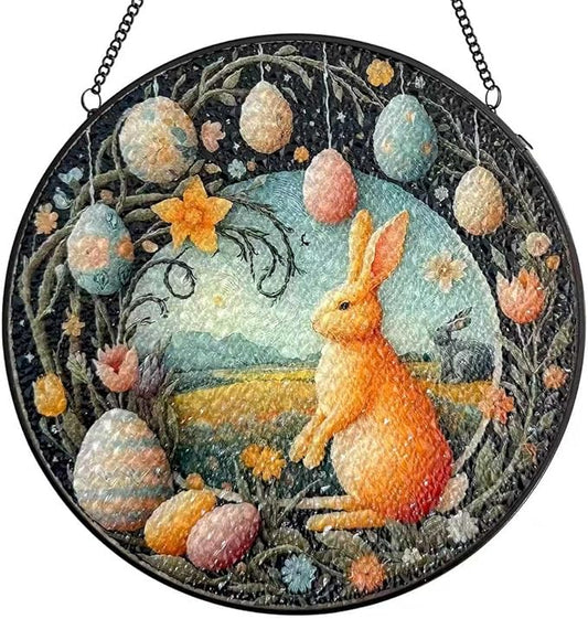 Easter Bunny Stained Glass Window Hanging Suncatcher, Colorful Rabbit with Egg Spring Decor for Home Garden, Animal Glass Art Ornament, Birthday Gift for Women Mom Nana, 7.8 Inch Sun Catcher