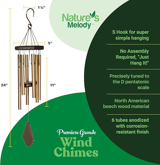 Nature’s Melody Premiere Grande Tunes Wind Chimes – Outdoor Windchime with 6 Tubes Tuned to E Pentatonic Scale, Rustproof Aluminum, Beech Wood & S Hook Hanger (Bronze, 24")