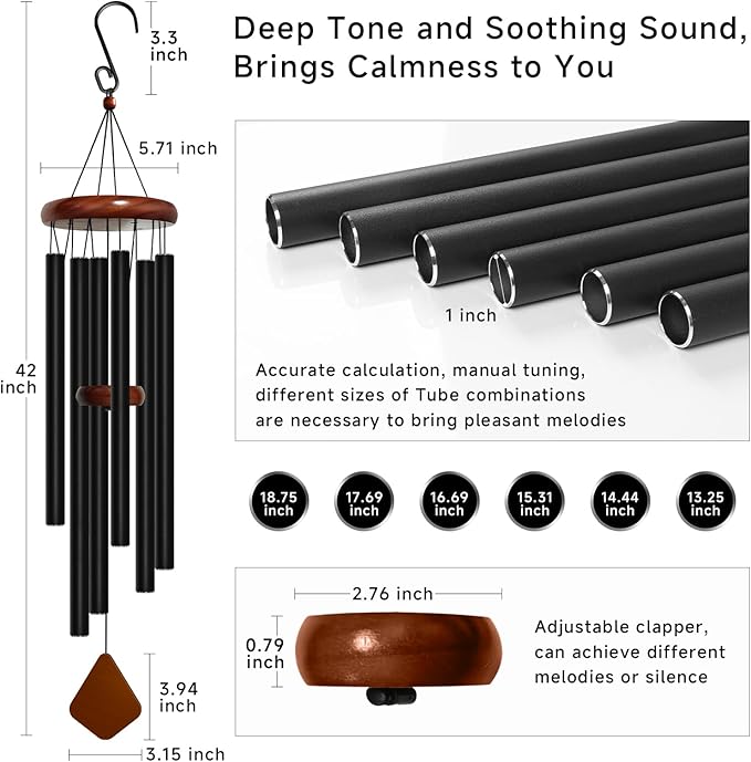 Bursvik 42'' Wind Chimes for Outside Deep Tone, Large Wind Chime, 6 Heavy Duty Tubes Metal Extra Large Wind Chimes Outdoor, Decoration for Garden, Patio, Yard, Gifts for Mother's Day(Rhombus)
