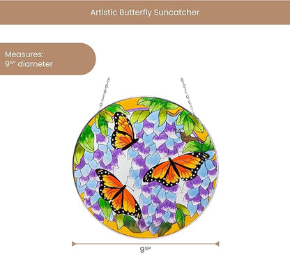 Bits and Pieces - Artistic Butterfly Suncatcher - Stained Glass Window Hanging - Hand-Painted Monarch Butterfly Suncatcher – Home Garden Decor - 9¾""