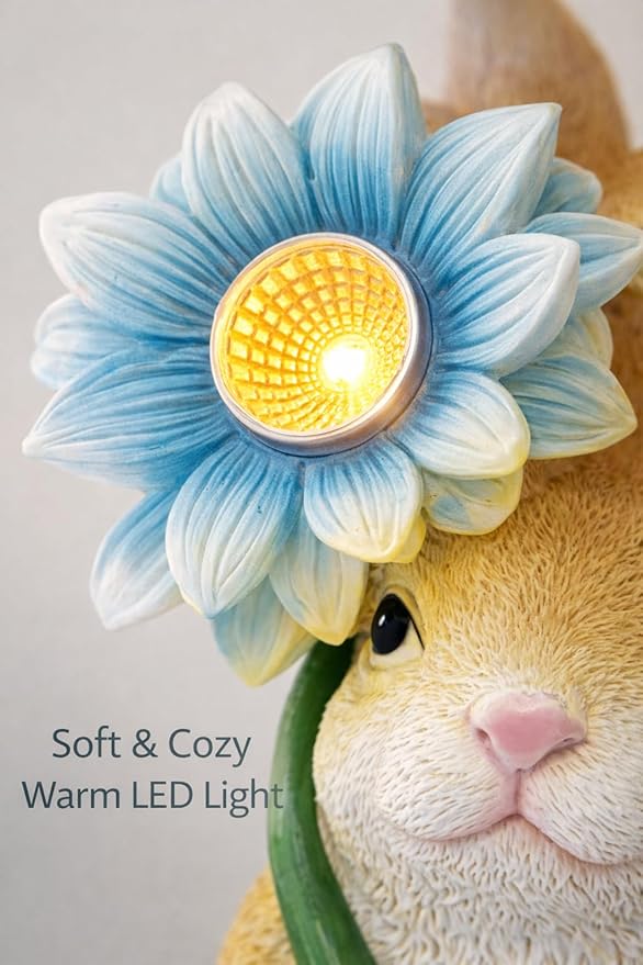 GoGnome Solar Rabbit Garden Statue with LED Flower – Hand-Painted Resin Bunny Figurine, Outdoor Solar Light Decor for Yard, Patio, Porch, Lawn (Rabbit)