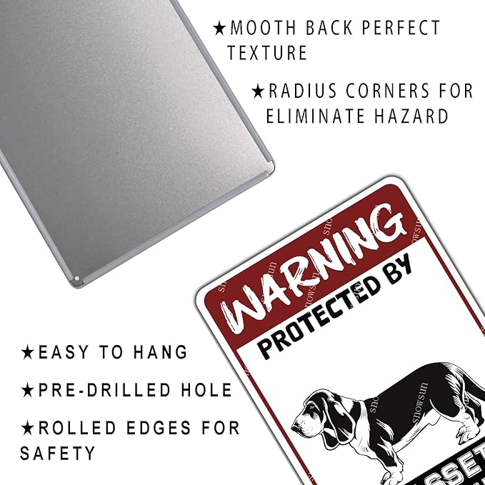 snowsun Warning Metal Signs Protected by Basset Hound Dog Tin Sign for Home Garden Yard Street Wall Decor 8×12 Inches