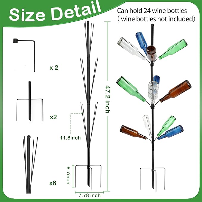 2 Pcs 12 Heavy Duty Metal Wine Bottle Tree Garden Outside 47 Inches Tall Decorative Colorful Glass Bottle Holders Artificial Rustproof Display Stand Garden Art for Lawn Yard Outdoor Decor