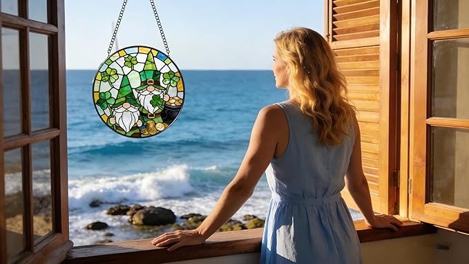 Funoasis Stained Glass Window Hanging Suncatcher - 6.3 Inches St. Patrick's Day Gnome Clover and Gold Coin Ornaments Sun Catcher Home Decor Spring Decoration