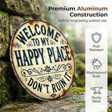 Funny Garden Metal Sign, 2026 New Vintage Round Metal Sign Funny Home Decorative for Patio Porch, “Welcome to My Happy Place Don’t Ruin It” Garden Wall Decor Vintage Statement Metal Sign (Style A, 8X8 inch)