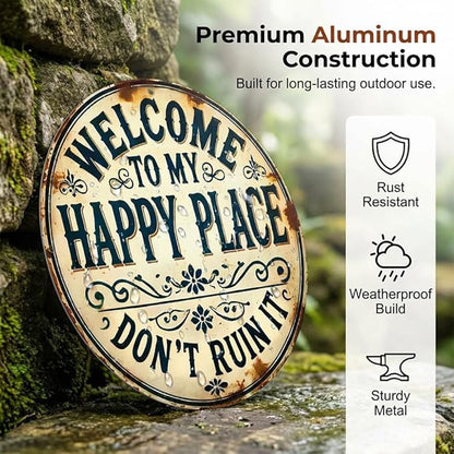 Funny Garden Metal Sign, 2026 New Vintage Round Metal Sign Funny Home Decorative for Patio Porch, “Welcome to My Happy Place Don’t Ruin It” Garden Wall Decor Vintage Statement Metal Sign (Style B, 11X11 inch)