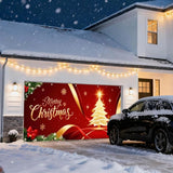 IVN Merry Christmas Garage Door Cover Decoration 13x6ft Golden Ribbon Tree on Red Holiday Christmas Banner Home Garage Door Front Yard Decor for Xmas Eve Winter Scene Holiday Outdoor Background