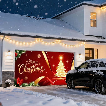 IVN Merry Christmas Garage Door Cover Decoration 13x6ft Golden Ribbon Tree on Red Holiday Christmas Banner Home Garage Door Front Yard Decor for Xmas Eve Winter Scene Holiday Outdoor Background