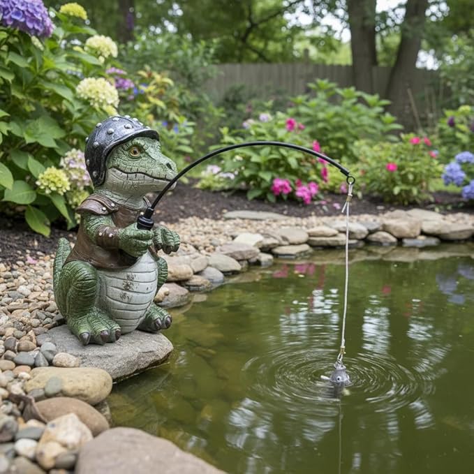 Garden Dinosaur Pond Statues Decoration, Fishing Dinosaur Garden Statue Outdoor Koi Pond or Waterfall Decor, 7.1" Crocodile Fishing Poolside Statue, Animals Patio, Lawn Additional, Gifts for Mom