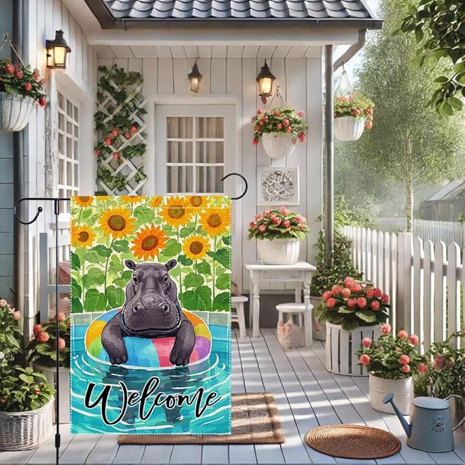 Sunflowers Garden Flag Swimming hippo Welcome Summer Garden Flags Vertical Double Sided Small Burlap Enjoy a Holiday Lawn Yard Outdoor Decorations