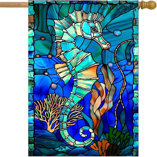 Stained Glass Style Seahorse House Flag 28x40 Inch Double Sided Outside, Coastal Ocean Garden Flag Burlap Yard Flags for Summer Holiday Party Outdoor Decoration