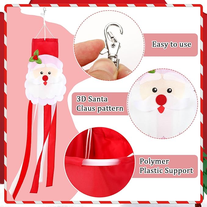 NOVWANG Santa Claus Windsock, 40 Inch 3D Winter Windsocks Outdoor Hanging Flag with Adjustable Hook Christmas Festival Party Decorations for Garden Porch Yard Patio Lawn