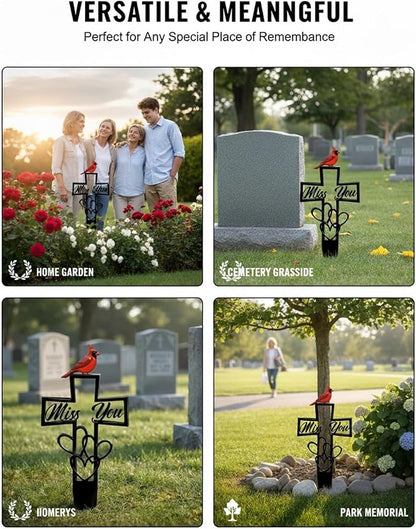 Metal Cemetery Memorial Plaque for Remembrance Cardinal Graveyard Decorations for Humans Red Bird Markers Cross Sign Garden Outdoor Stake Miss You Headstones Easter Sympathy Gifts Tombstones(1pc)