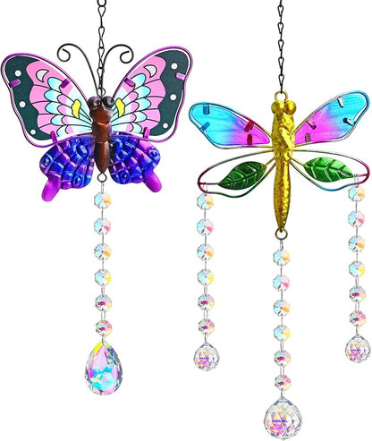 YU FENG Set 2 Suncatchers with Crystals,Stained Glass Butterfly Dragonfly Sun Catchers Window Garden Hanging Decoration Ornament,Prism Rainbow Maker Pendant Ornament for Christmas Tree