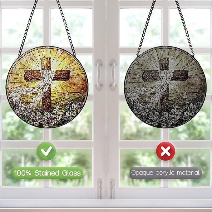 Stained Glass Cross Suncatcher Window Hanging, Christian Sun Catchers Indoor Window, Easter Suncatchers for Windows Hanging, Home Garden Decor Glass Panel, Religious Faith Christian Gift for Women Men