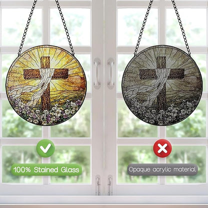 Stained Glass Cross Suncatcher Window Hanging, Christian Sun Catchers Indoor Window, Easter Suncatchers for Windows Hanging, Home Garden Decor Glass Panel, Religious Faith Christian Gift for Women Men