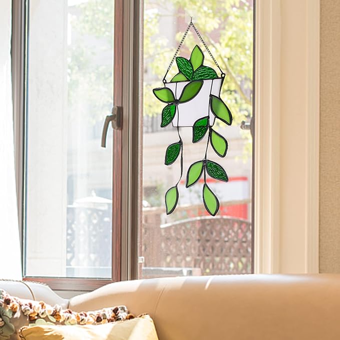 BOXCASA Stained Glass Window Hanging for Plant Lovers,Handmade Green Plants Artificial,Suncatcher Plant Gifts for Women,Grandma,Mother's Day,Christmas
