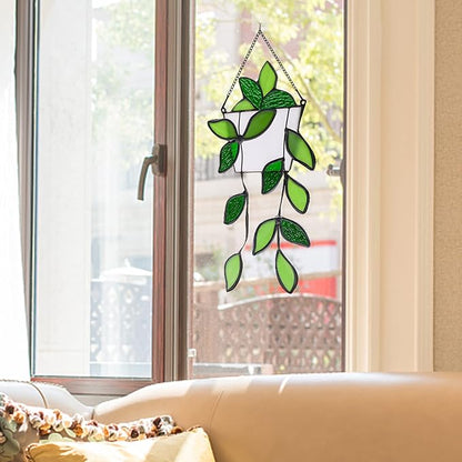 BOXCASA Stained Glass Window Hanging for Plant Lovers,Handmade Green Plants Artificial,Suncatcher Plant Gifts for Women,Grandma,Mother's Day,Christmas