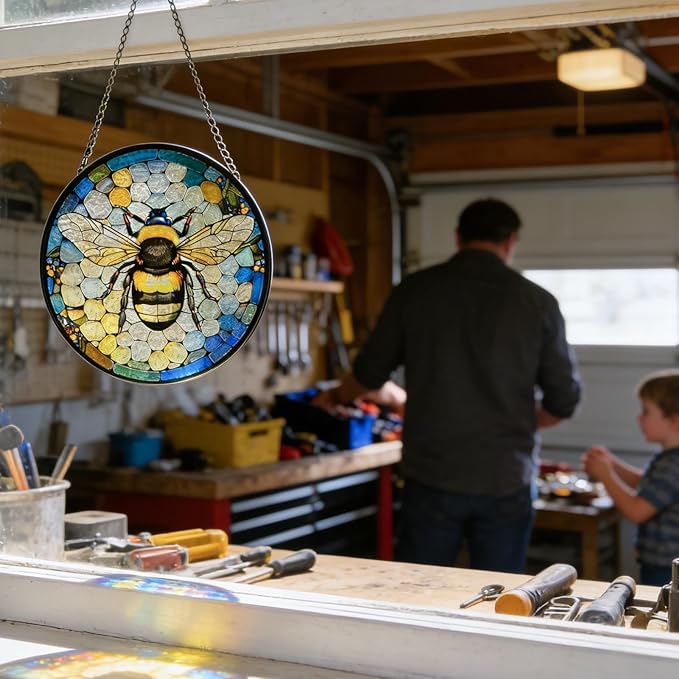 Ice Crack Bee Stained Glass Window Hanging, Bumblebee on Honeycomb Suncatchers for Windows Hanging Ornament for Home, Mother's Day Birthday Gift for Mom Grandma (8""/20cm)
