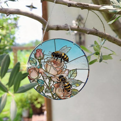Bees Flowers Acrylic Suncatcher, Acrylic Suncatcher Window Hanging Decor, Bee Sun Catcher, Honeybee Gifts for Garden Lovers, Gifts for Mother's Day, Teacher Gift, Grandma Gift