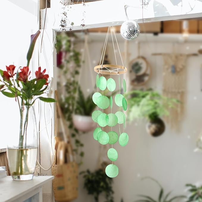 Handmade Capiz Wind Chimes for Outside, Outdoor Seashell Hanging Beach Coast Ocean Home Decorative, Unique Natural Shell Waterfall Windchimes for Summer Patio, Great Memorial Sympathy Gift（Green