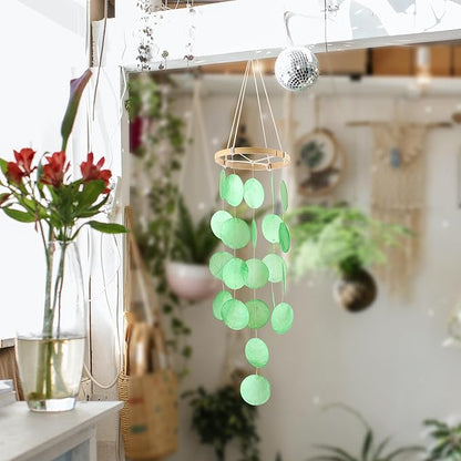 Handmade Capiz Wind Chimes for Outside, Outdoor Seashell Hanging Beach Coast Ocean Home Decorative, Unique Natural Shell Waterfall Windchimes for Summer Patio, Great Memorial Sympathy Gift（Green