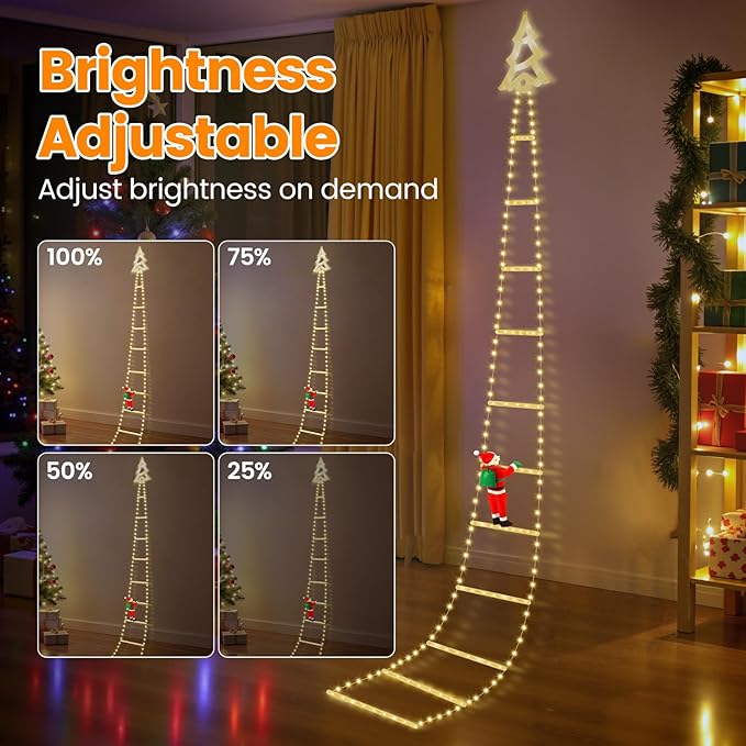 Christmas Ladder Lights with Santa Claus, 248 LED Rope Ladder Light, 8 Lighting Modes & 6H Timer, Waterproof Xmas Decorations Light for Indoor Outdoor, Yard, Porch, Wall, Christmas Tree Decor