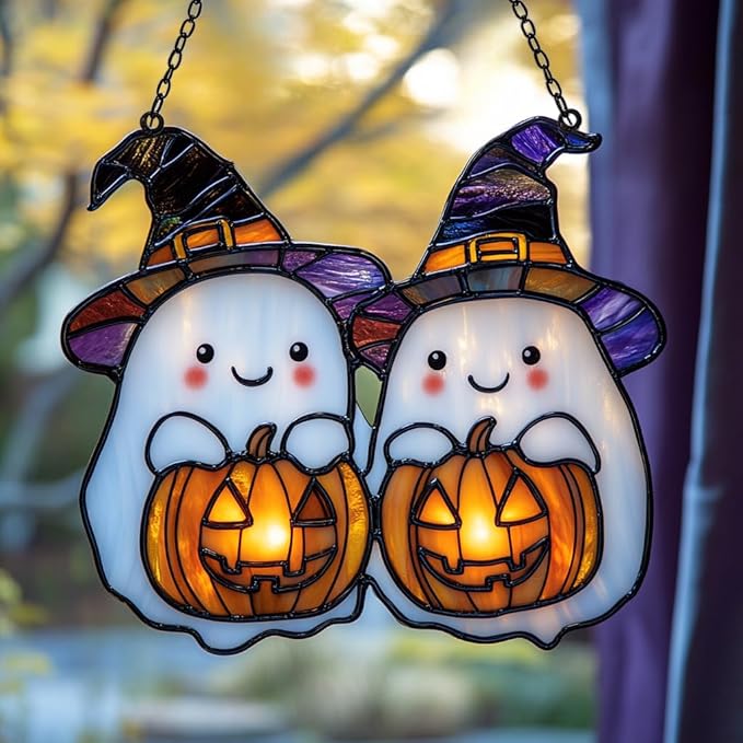 Cute Witch Ghost and Pumpkin Acrylic Suncatcher Stained Glass Effect Window Car Hanging Christmas Ornament Indoor Outdoor Decor Garden Sun Catcher Panel for Halloween Lover for Women Mom Grandma