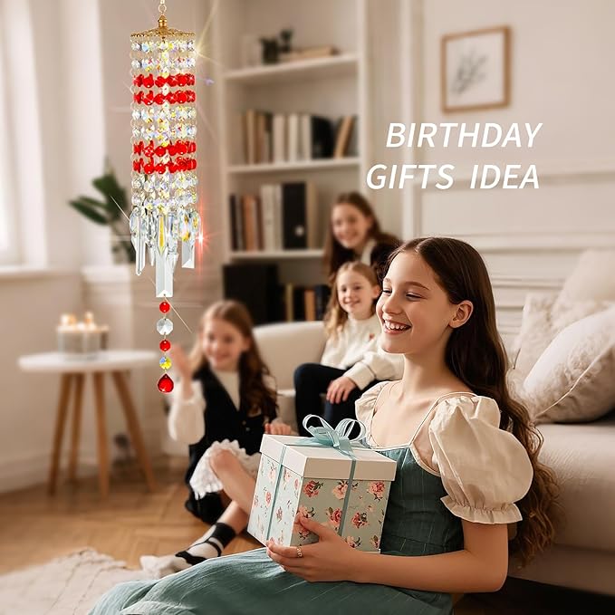 Crystal Wind Chimes for Outside with Rainbow Light Reflections Glass Bells and Rose Gold Alloy Hooks Indoor Outdoor Decor for Home Garden Patio Porch Birthday House Warming (Red)