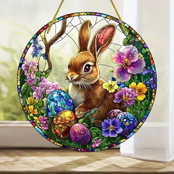 Easter Sun Catcher for Window Hanging Cute Bunny with Floral Designs Colorful Ornament Full Cover Acrylic Stained Glass for Garden Rabbit Suncatcher Room Party Decor Easter Gift