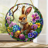 Easter Sun Catcher for Window Hanging Cute Bunny with Floral Designs Colorful Ornament Full Cover Acrylic Stained Glass for Garden Rabbit Suncatcher Room Party Decor Easter Gift