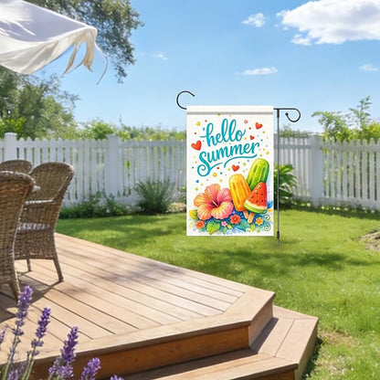 Nuxovilar Summer Garden Flag Hello Summer Ice Cream Hibiscus Flower Pattern Polyester 12x18 Inches Garden Flags for Outside Bright Decor Yard Porch