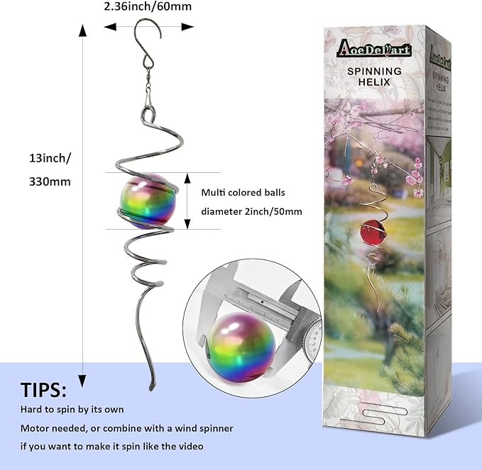 Aoedelyart Multi Color Wind Spinner Tail Gazing Ball Spiral Decorative Wind Spinners Sun Catcher Visual Illusion Wind Spinner Stabilizer Indoor Outdoor Garden Decoration,Garden Gift-13in Height
