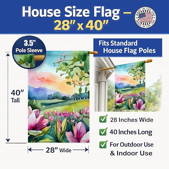 Caroline's Treasures Louisiana Magnolias in Watercolor House Flag Large Porch Sleeve Pole Decorative Outside Yard Banner Artwork Wall Hanging, Polyester, House Size, Multicolor