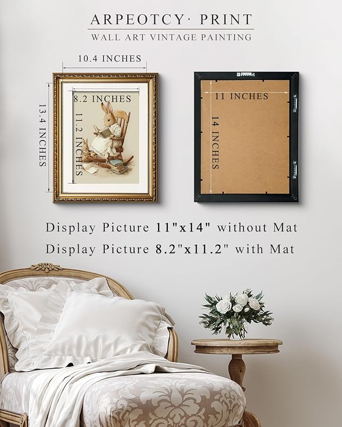 ARPEOTCY Vintage Gold Framed Wall Art, Easter Rabbit Reading Paintings, Canvas Prints Artwork with Antique Frame, Victorian Wall Picture Decor for Nursery Gallery Living Room, 13x16 inch