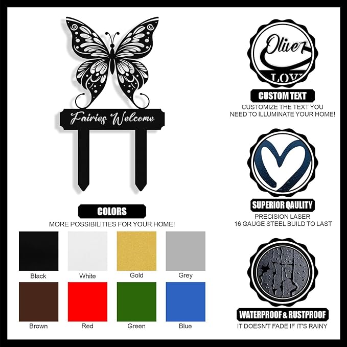 Personalized Metal Butterfly Garden Signs with Stake, Custom Garden Signs for Outside Waterproof, Customized Name Sign Yard Lawn Gardens Decor Gardening Gifts for Moms Grandmas Gardeners