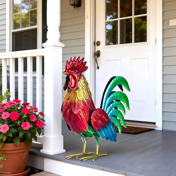 Natelf Metal Rooster Garden Statue Decor, Chicken Yard Art Standing Sculpture Lawn Ornament for Patio, Backyard, Kitchen, Home Decoration (red)