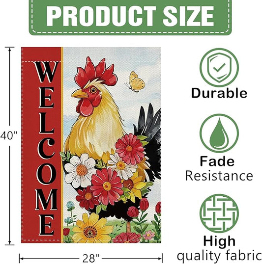 Dyrenson Welcome Spring Summer Rooster 28 x 40 House Flag Double Sided, Farm Animal Daisy Flower Red Garden Yard Decoration, Farmhouse Butterfly Burlap Outdoor Decor Decorative Large Flag