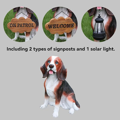 Beagle Dog Garden Statue with Solar Lantern, 16.9" Large Outdoor Animal Figurine with Double-Sided Welcome & On Patrol Sign, Yard Patio Porch Lawn Decor, Pet Lover Housewarming Gift