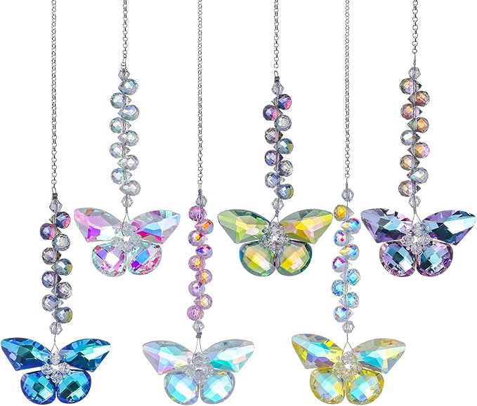 6pcs Crystal Butterfly Suncatchers Hanging Ornaments, Rainbow Maker Sun Catchers Indoor Window Outdoor Patio Garden Decor Gifts